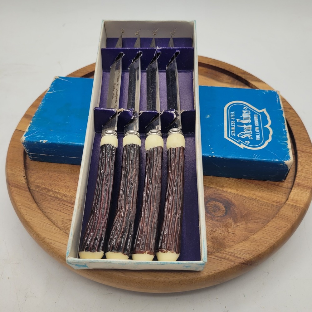 Set‎ Of 4 Retro Hollow Ground Faux Antler Handle Steak Knives In Original Box
